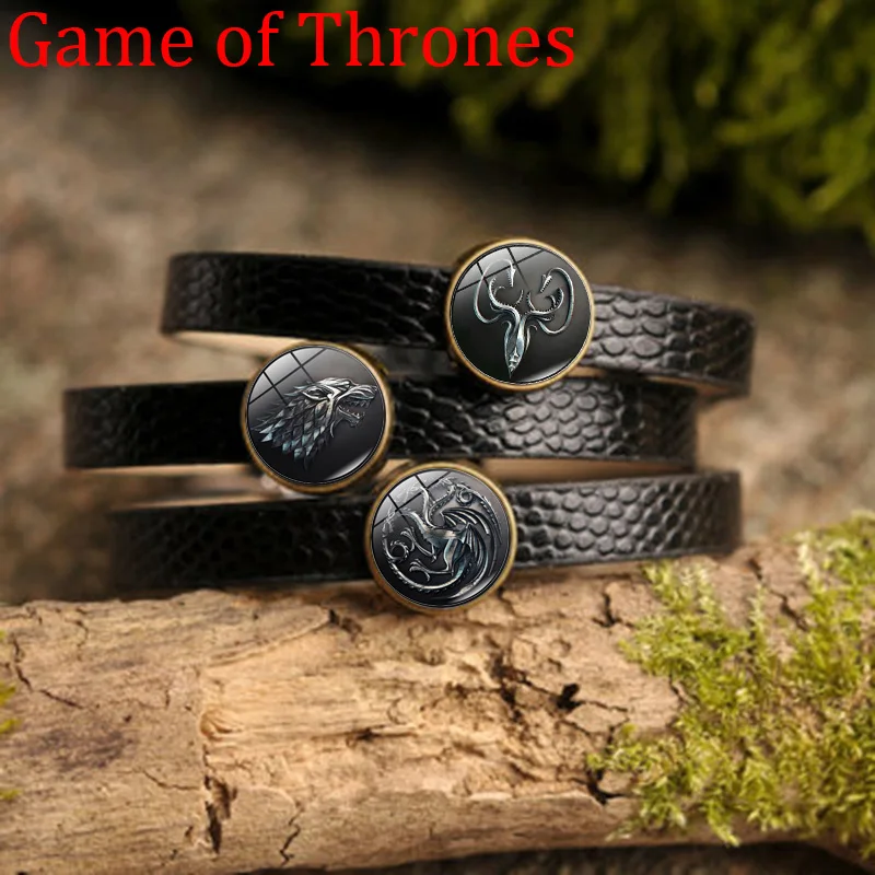

Game of Thrones Charm Bracelet House Stark Wolf Art Glass Cabochon Jewelry Black Pu Leather Bracelet Men Women Wristbands