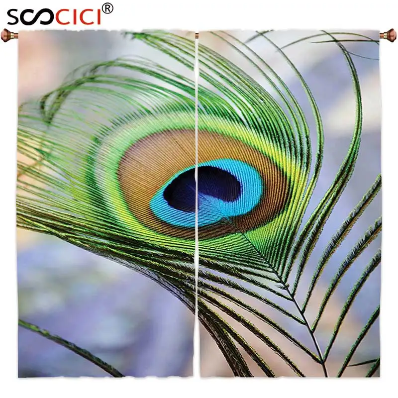 Goede Gordijnen Behandelingen 2 Panelen, Pauw Natuurlijke Feather Digitale Gedrukt Muur Groen Grijs, Woondecoratie Raam Gordijnen 2 Panel Set