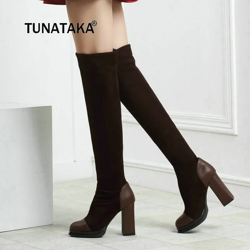 Ladies Slip On Thick High Heel Elastic Thigh Boots Fashion Platform Pointed Toe Over The Knee Boots Black Red Brown Ladies Slip On Thick High Heel Elastic Thigh Boots Fashion Platform Pointed Toe Over The Knee Boots Black Red Brown
