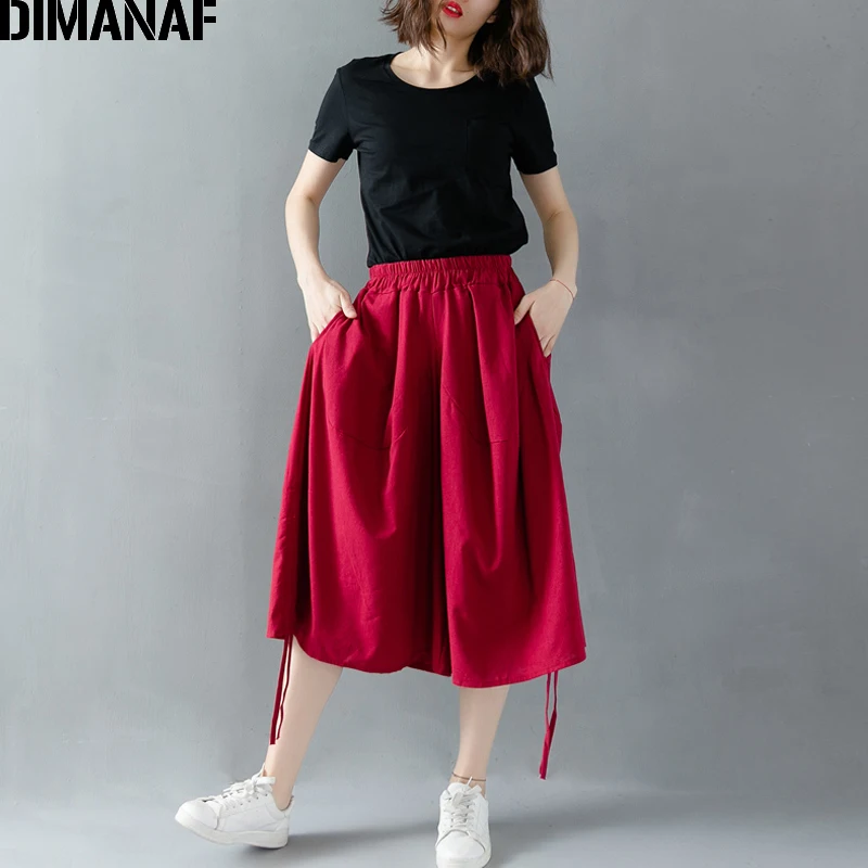 DIMANAF плюс размер женские широкие длинные брюки льняные летние женские большие размеры эластичные повседневные брюки талия свободные брюки 5XL 6XL красный