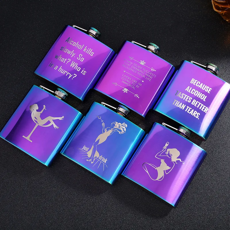 

Fashion hip flask 6 oz flat pot bottle vodka bottle magic color stainless steel hip flask bottles English painting girl gift set