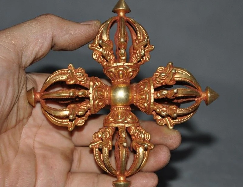 Тибетский буддизм Бронзовый 24k золотой позолоченный Dorje Vajra Phurpa Exorcism Dagger FaQi|Статуи