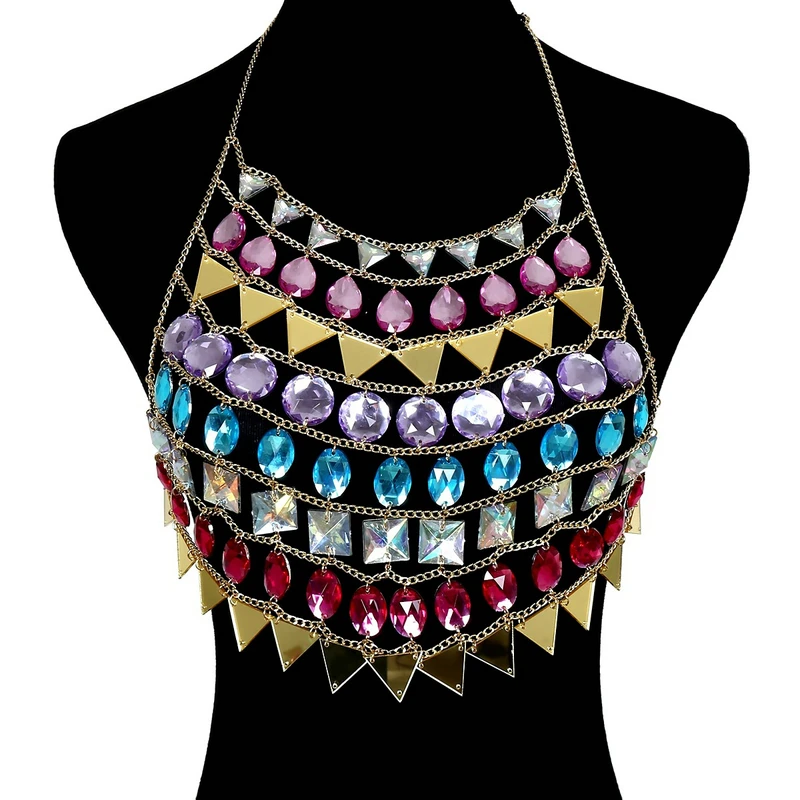 

Sexy Bikini Colorful Crystal Stone Triangle String Bra Chest Body Chain for Women Handmade Summer Beach Vacation Body Jewelry