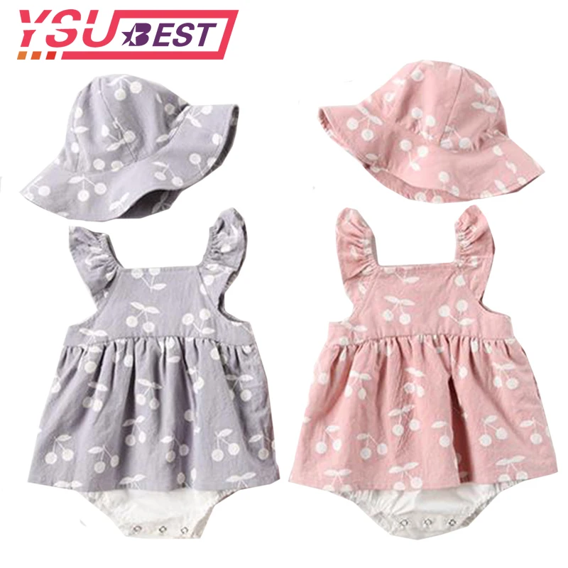 

2019 Baby Rompers New Summer Clothes Fashion Cute Cherry Prints Baby Jumpsuit Kids Clothing Rompers Newborn With Hat Jumpsuits