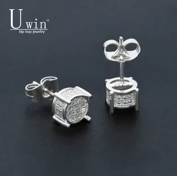 

UWIN Hip hop Men silver color Earring Shining Full Zircon Round Stud Earrings Women Trendy Jewelry 9mmx9mm
