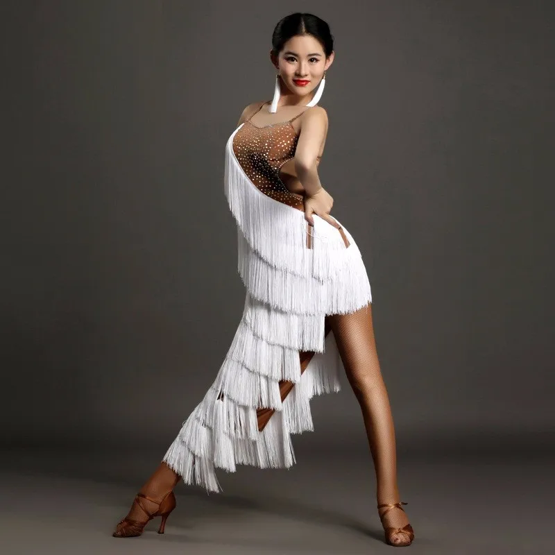 Белый кисточкой латино-американских танцев платье латина Танцы платье для женщин Танцы платье Самба сексуальные костюмы латиноамериканских танцев сальса платье Танцы