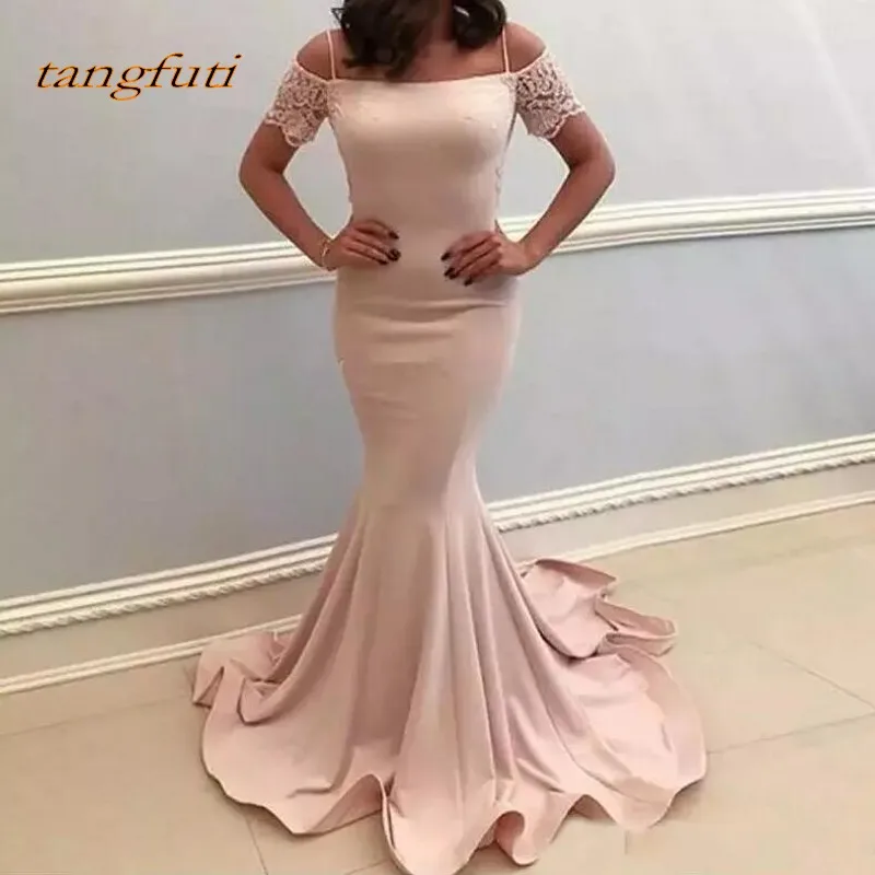 Blush Long Mermaid Evening Dresses Party Lace Satin Formal Evening Prom