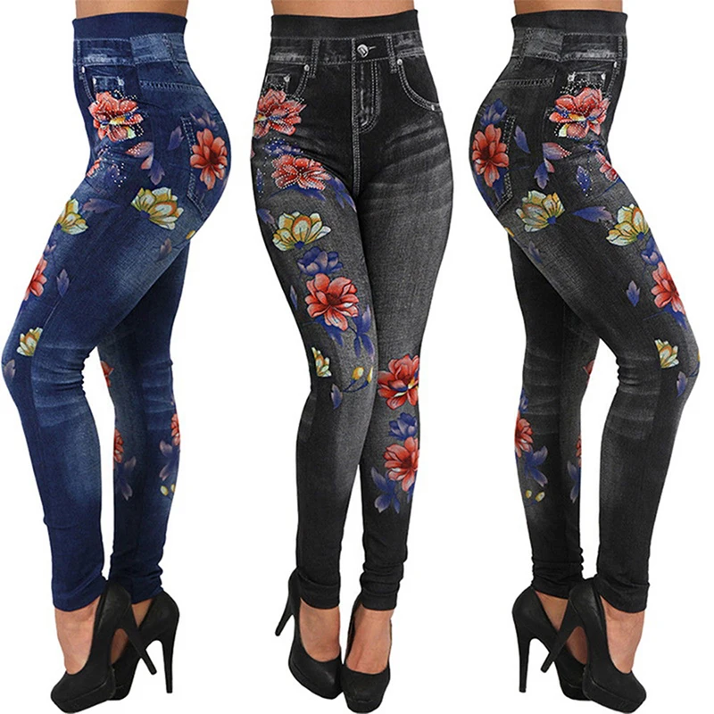 

Fashion Floral Printed Seamless Pants Women Sports Imitation Denim Jeans Print Leggings Pants Sports Leggings Ankle-length