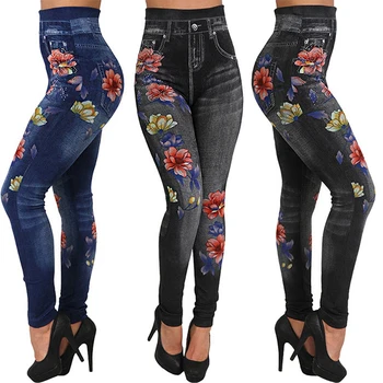Fashion Floral Printed Seamless Pants Women Sports Imitation Denim Jeans Print Leggings Pants Sports Leggings Ankle-length tropical print sports bra with leggings