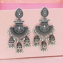 Индийские серьги для женщин, окисленная Jhumka, золото, серебро, большая Длинная кисточка, колокольчики, висячие серьги, цыганская турка, Этнические украшения