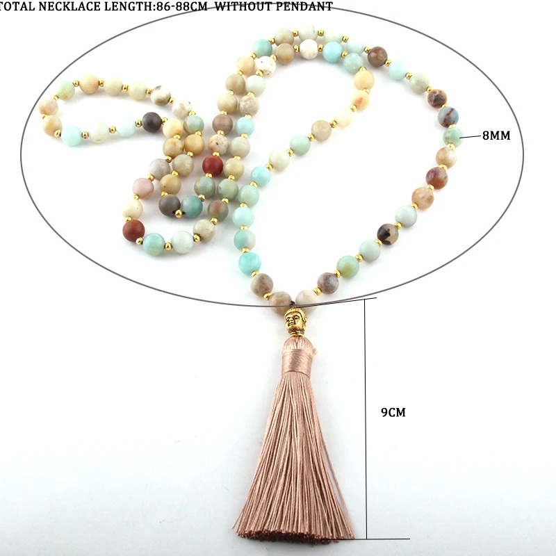 Fashion Bohemian Tribal Beige Tassel Yoga Jewelry Amazonite Stone Buddha Necklace For Women Lariat Necklaces