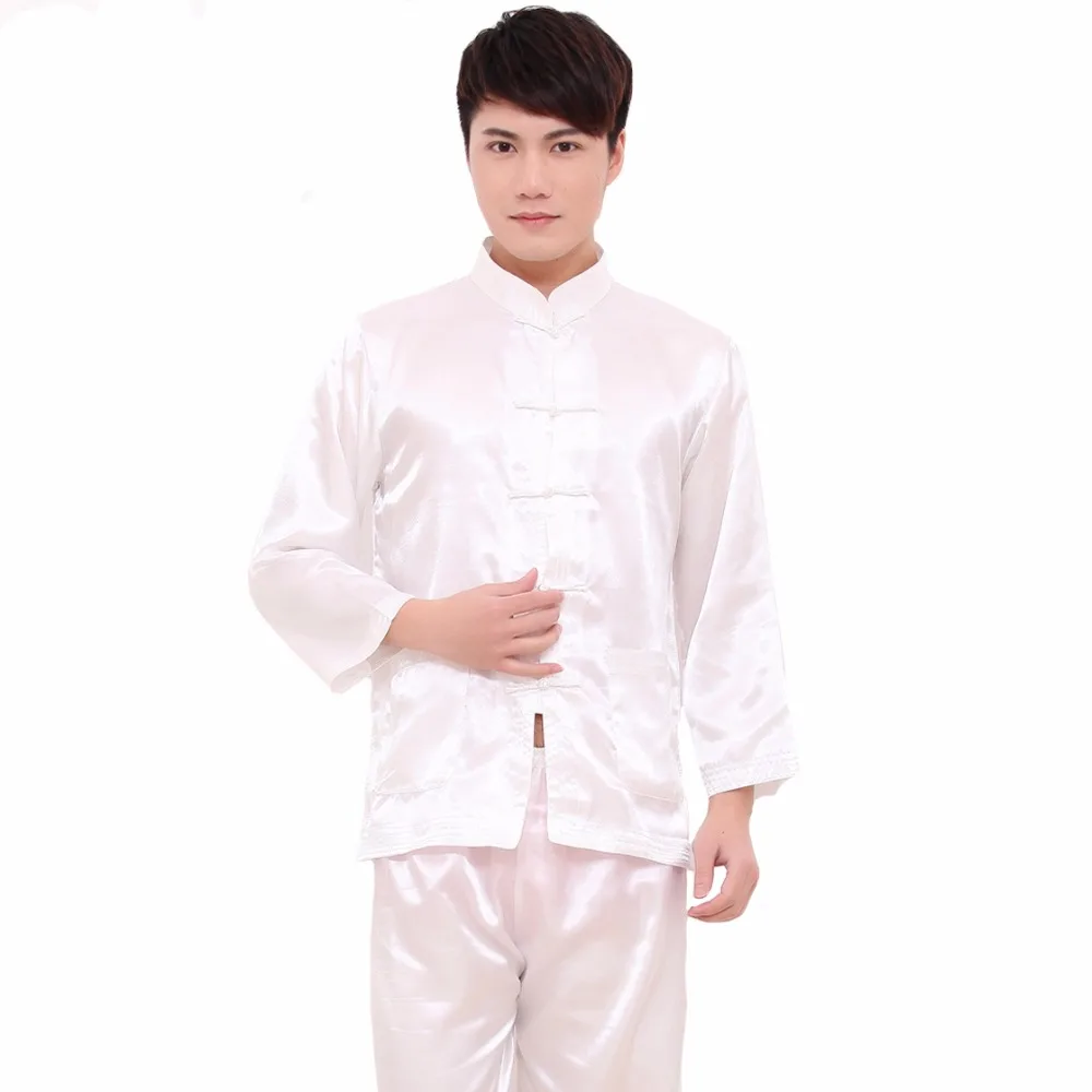 

White Chinese Style Men Rayon Soft Pajamas Suit Long Sleeve Shirt&Pant Sleepwear Vintage Single Breasted Pyjamas M L XL XXL