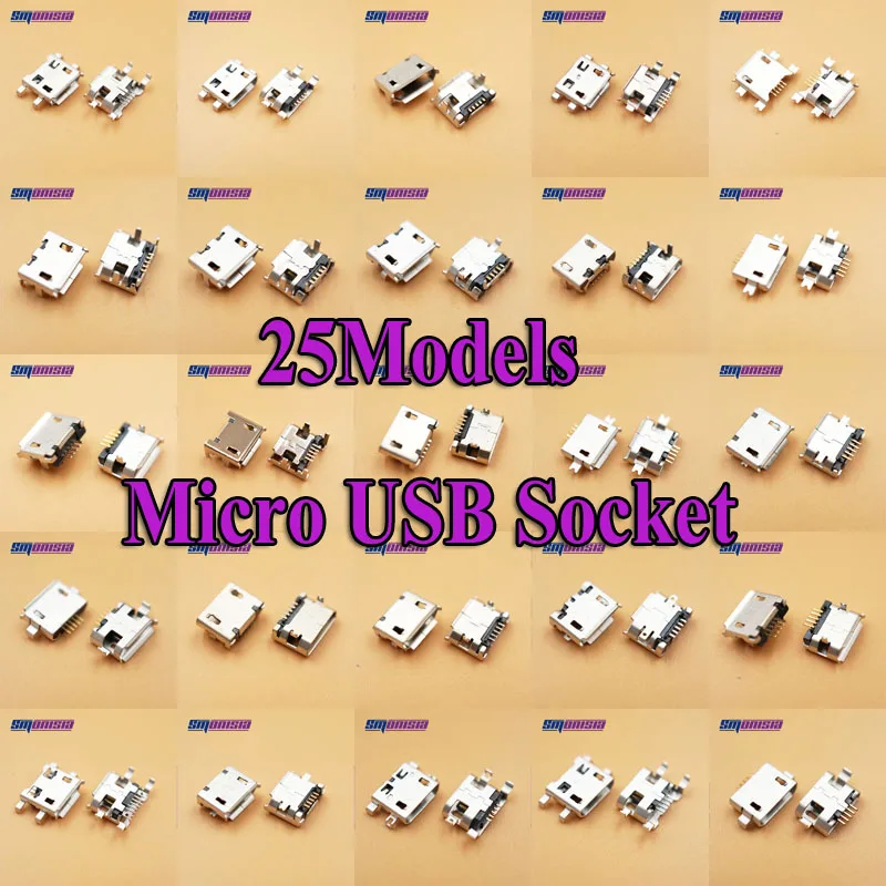 

25Models 250pcs/lot Micro Mini USB Connector Micro USB Female Socket Blade SMD DIP USB Connector Solding Charging port