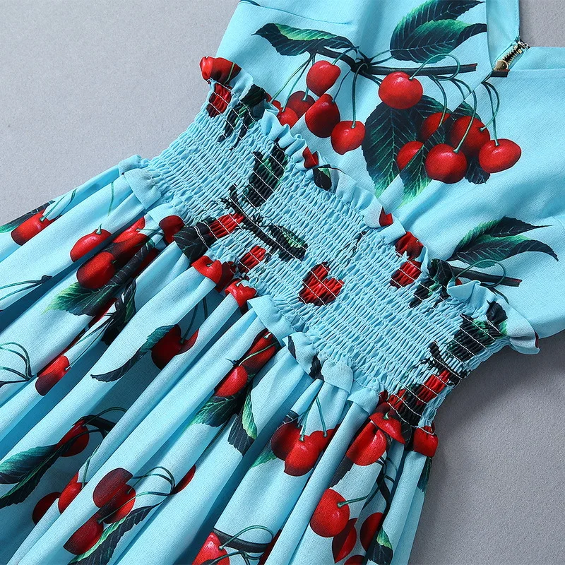 new Runway Dresses Spring/Summer Cherry print V neck High Quality Sleeveless Women's Dress Vestidos De Festa 3