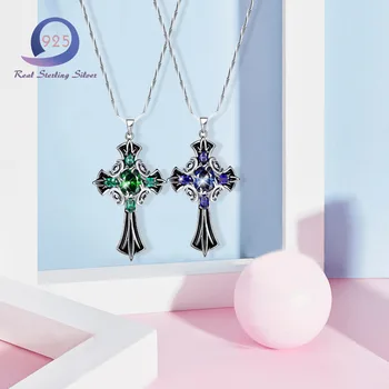

Merthus 925 Sterling Silver Chain with Lab-Created Emerald Cross Pendant Necklace Fashion Women Lady Fashion Charm Jewelry 45CM