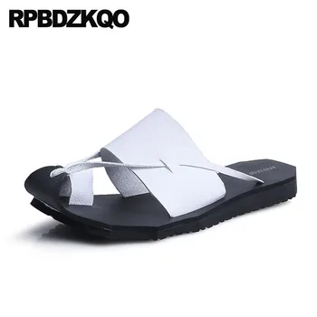 

slides waterproof flat 2019 strap slippers men sandals leather summer slip on breathable fashion water toe loop shoes white