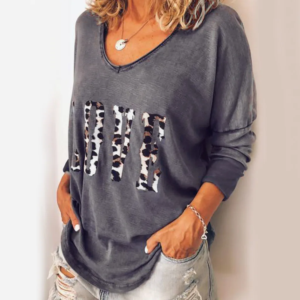 

feitong Ladies Women Plus Size Blouses Long Sleeve Letter Print Shirt Loose Top Love Casual Blouse Autumn Tee туника женская