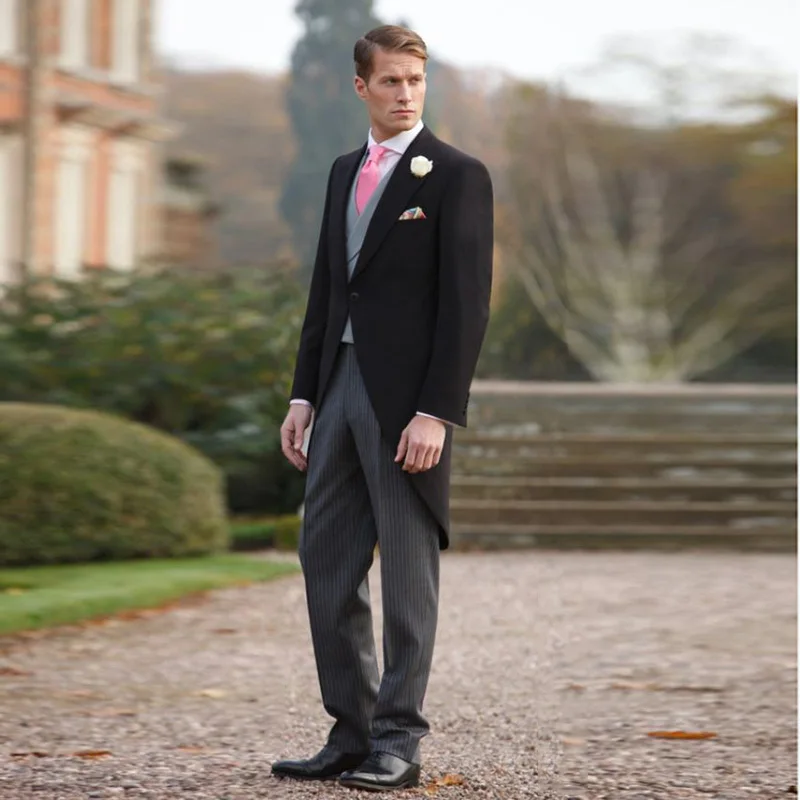 Long Navy blue Coats Tailcoat Morning Coat Wedding Suits for Men Male Blazer Slim Fit Suit with Striped Pants Party 3 Pieces Long Navy blue Coats Tailcoat Morning Coat Wedding Suits for Men Male Blazer Slim Fit Suit with Striped Pants Party 3 Pieces