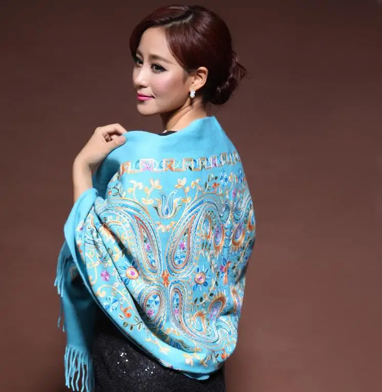 Высокое качество, женские шали, шаль, шерсть, накидка, глушитель, непальский стиль, Пашмина, Mujer Bufanda, вышивка, шарфы, цветочные Мантилья - Цвет: Blue B