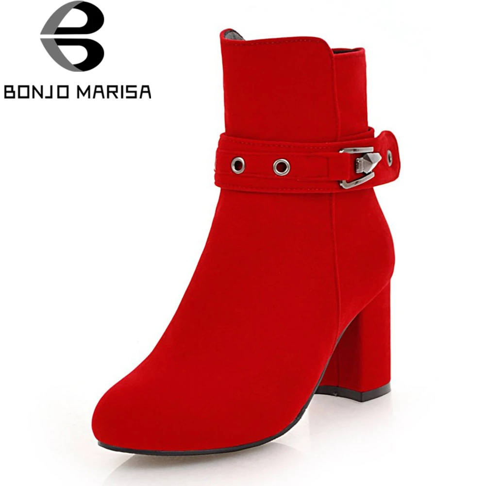 

BONJOMARISA Large Size 31-43 Elegant Metal Buckle Ankle Boots Women Winter Flock High Wide Heels Shoes Woman