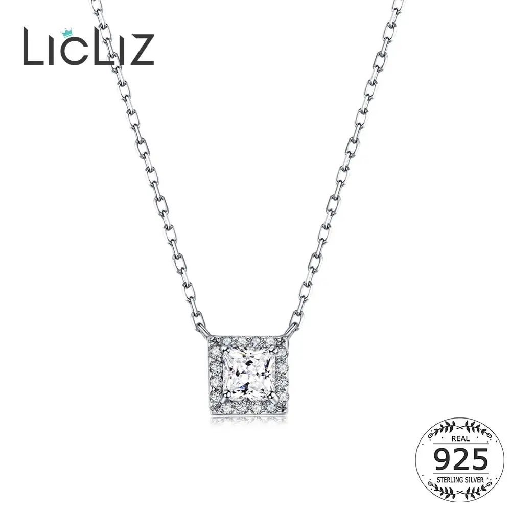 

LicLiz Real 925 Sterling Silver Square Zircon Diamond Pendants Necklace for Women Choker Chains Paved CZ Necklace Jewelry LN0239