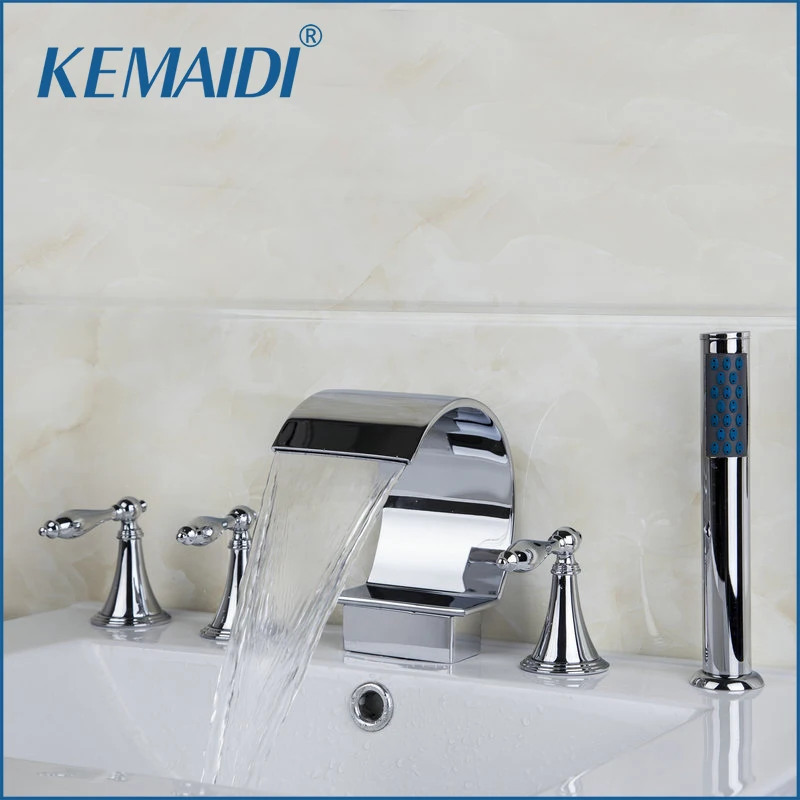 

KEMAIDI Bathtub Mixer Chrome Bathtub Bathroom Faucet 5 PCS Set Waterfall Faucets Mixers & Taps Deck Mounted 3 Handles Taps