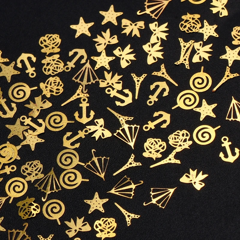 Беззеркальные золотые Рождественские фигурные наклейки для ногтей, металлические гвозди для дизайна ногтей, заклепки, амулеты, колеса, аксессуары для ногтей, украшения для ногтей