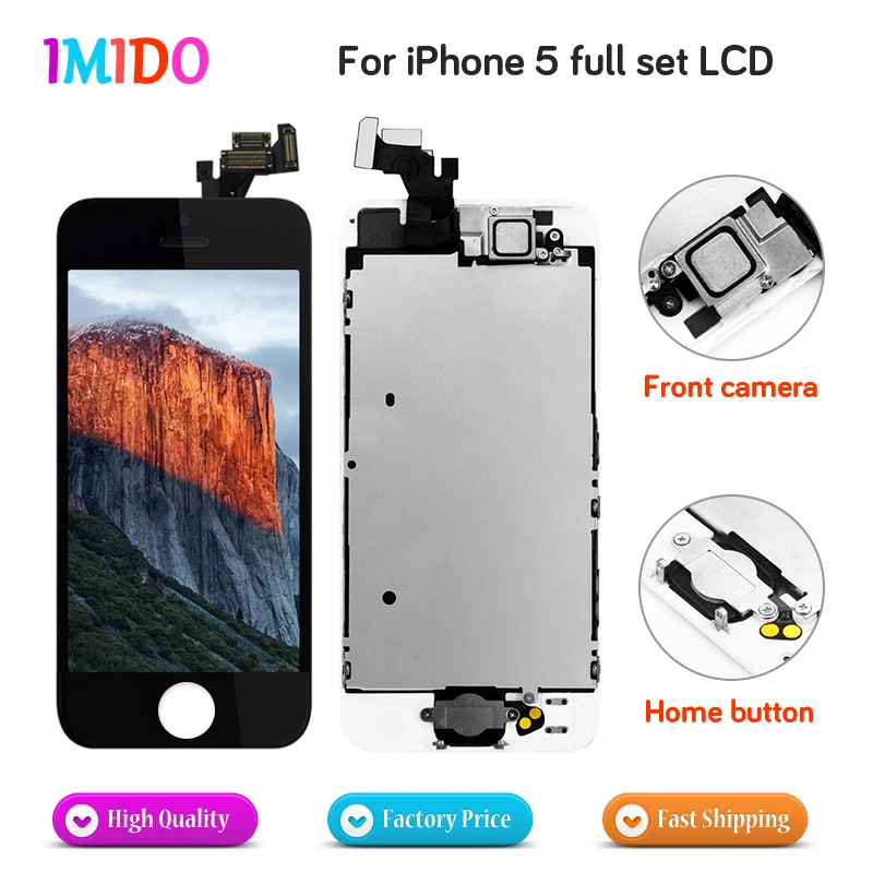 

50Pcs Wholesale Full Set LCD For iPhone 5 LCD Display Home button+Front camera Completely Touch Screen Digitizer Replacement