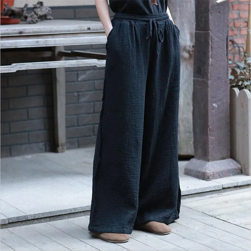 

Women Cotton Linen Straight Long Pants New Summer Autumn Drawstring Wide Leg Pants Vintage Solid Simple Pants Plus Size M-7XL