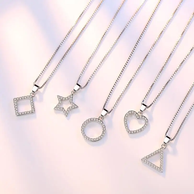 

New 5 Modle Crystal Zircon Star Heart Circle Square Pendant Necklaces For Women 925 Sterling Silver Match 45cm Box Chain SAN77