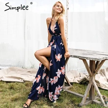 Simplee Boho deep v neck backless sexy dress Split cross lace up chiffon summer beach long