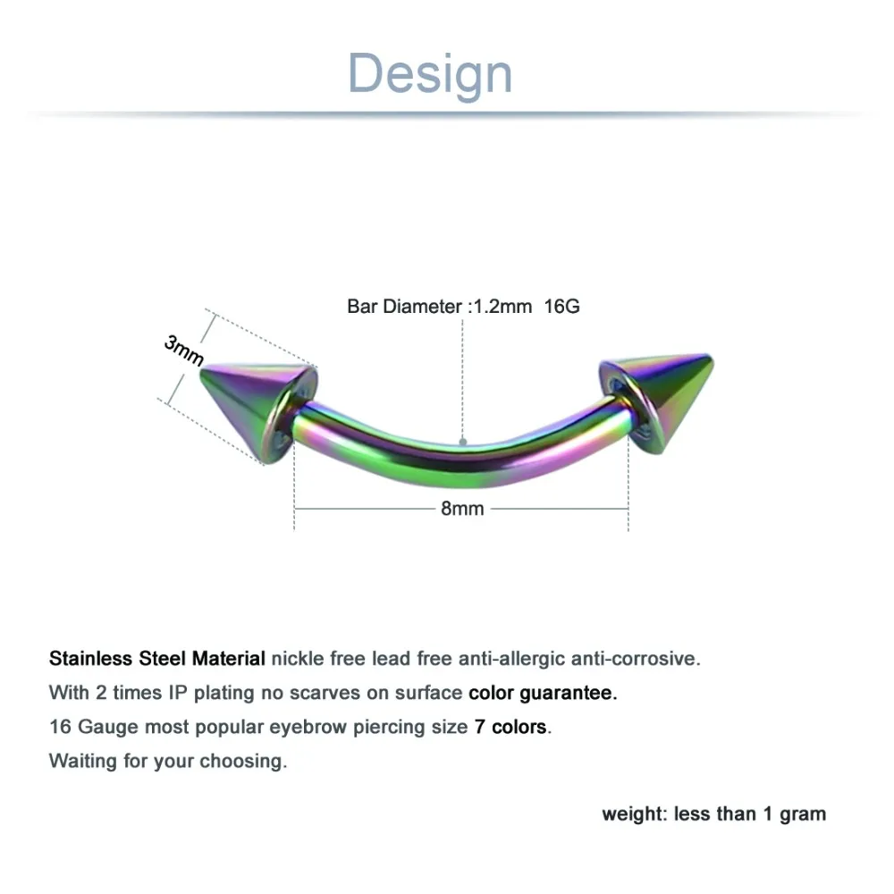 7 шт./партия, пирсинг бровей с цветным покрытием, 16 г, конус колпачки, банановая спираль, гипоаллергенные хирургические стальные украшения для тела, 7 цветов MD004