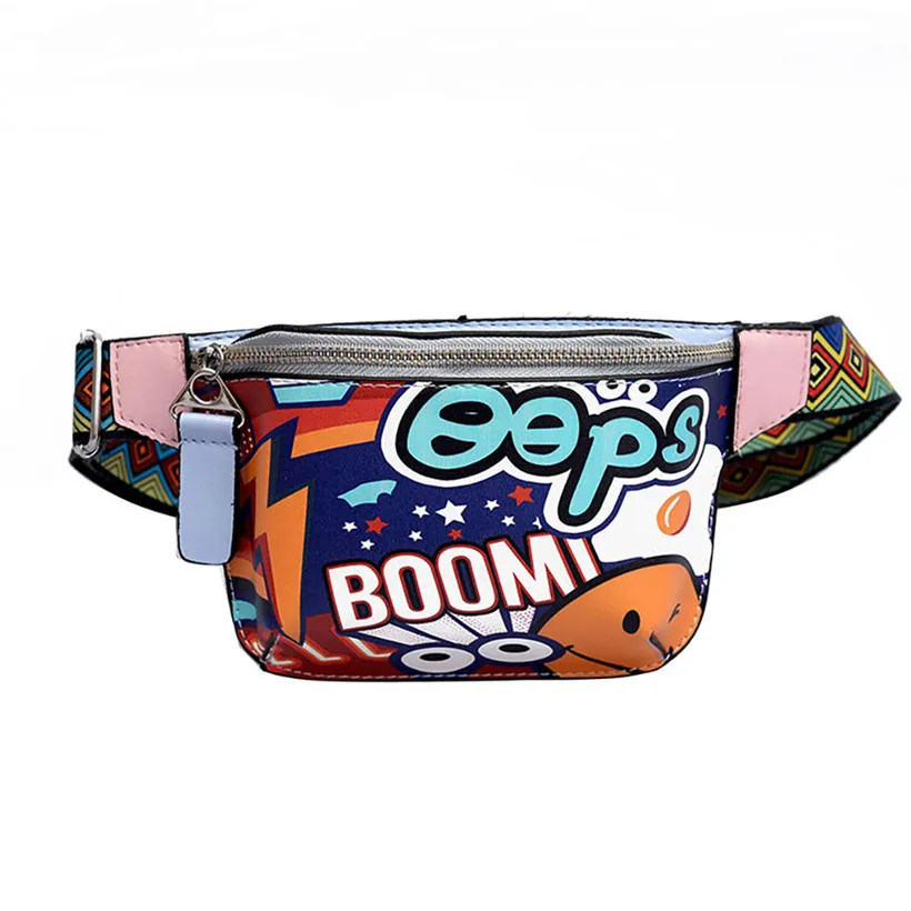 

HTNBO Cute Fanny Pack Waist Bag Women Personality Belt Bags PU Leather Graffiti Chest Handbag WIth Colorful Shoulder Belt new