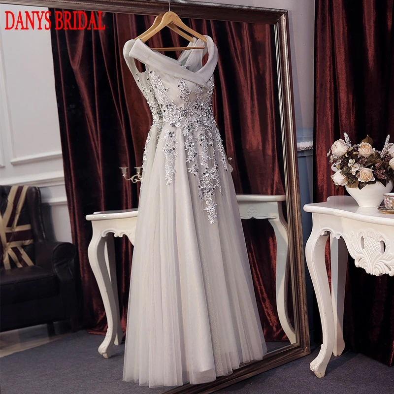 

Elegant Gray Lace Evening Dresses Long Party on Sale Tulle Beaded Women Prom Formal Evening Gowns Dresses vestido de festa