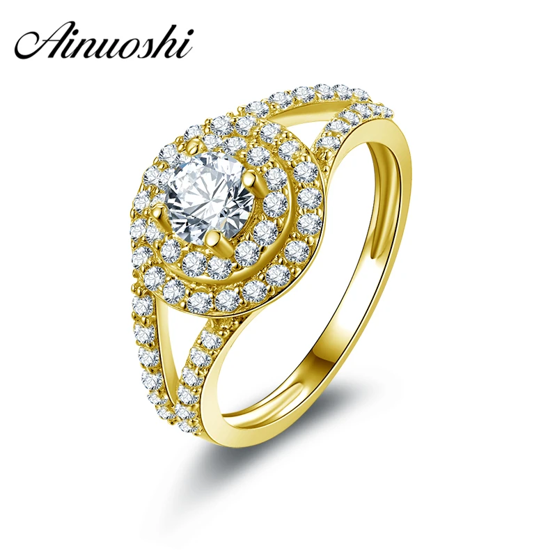 

AINUOSHI 10K Solid Yellow Gold Wedding Rings Fashion Anel de ouro 2 Row Halo Simulated Diamond Shinning Engagement Rings Bague
