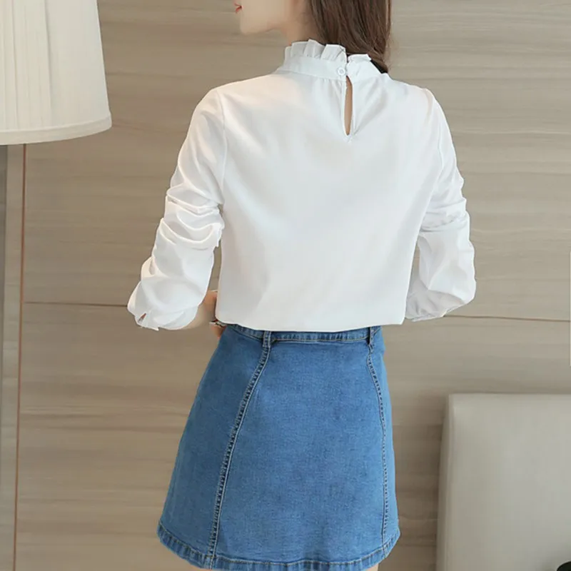 Women Blouse White Shirt Top Femme Casual Stand OL Work Solid Blouses 2 Styles