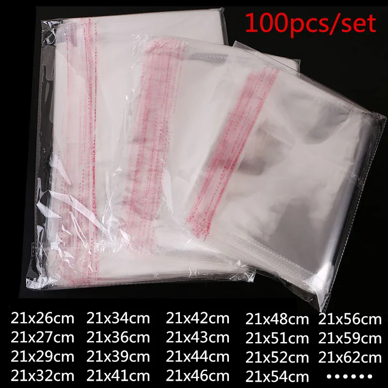 

100pcs 21CM width Clear Self-adhesive Cello Cellophane Bag Self Sealing Plastic Bags for Clothing fruit Packing Resealable Bag66