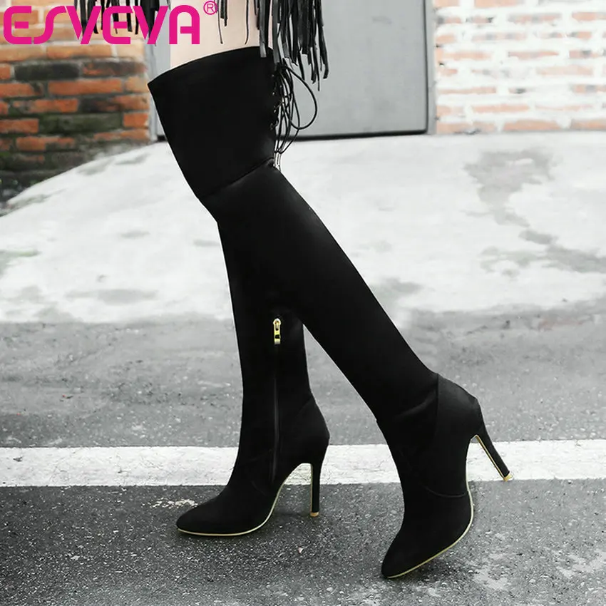 

ESVEVA 2019 Women High Heels Over The Knee Boots Sexy Pointed Toe Elegant Autumn Boots Thin Heels Zipper Shoes Boots Size 34-43