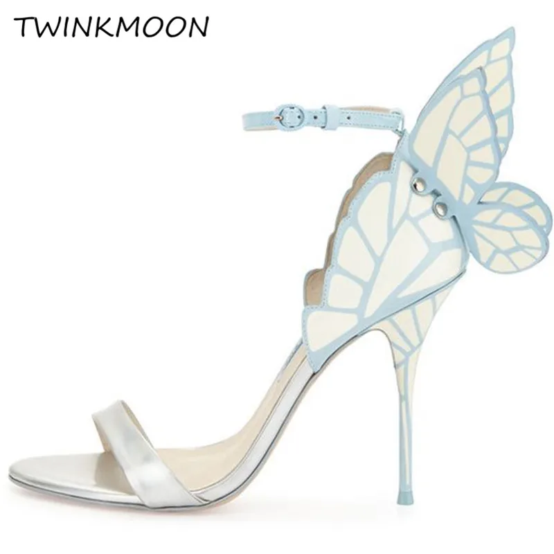 Дизайнерские женcкие сандалии с крыльями бабочки; обувь на высоком каблуке с ремешком на щиколотке и металлической вышивкой; блестящие женские сандалии-гладиаторы - Цвет: 5