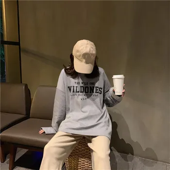 

Korean version of loose-cut letter-printed long-sleeved round collar T-shirt