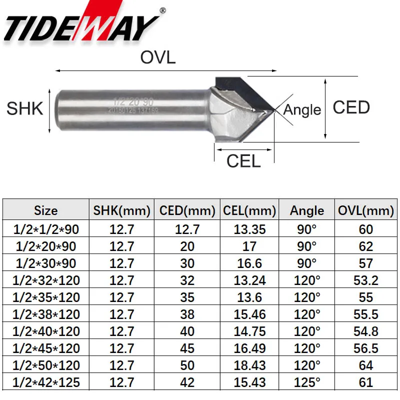 Tideway 1 шт. 1/" хвостовик алмазное CVD покрытие V Тип фрезы для деревообрабатывающий резак Фрезы с ЧПУ