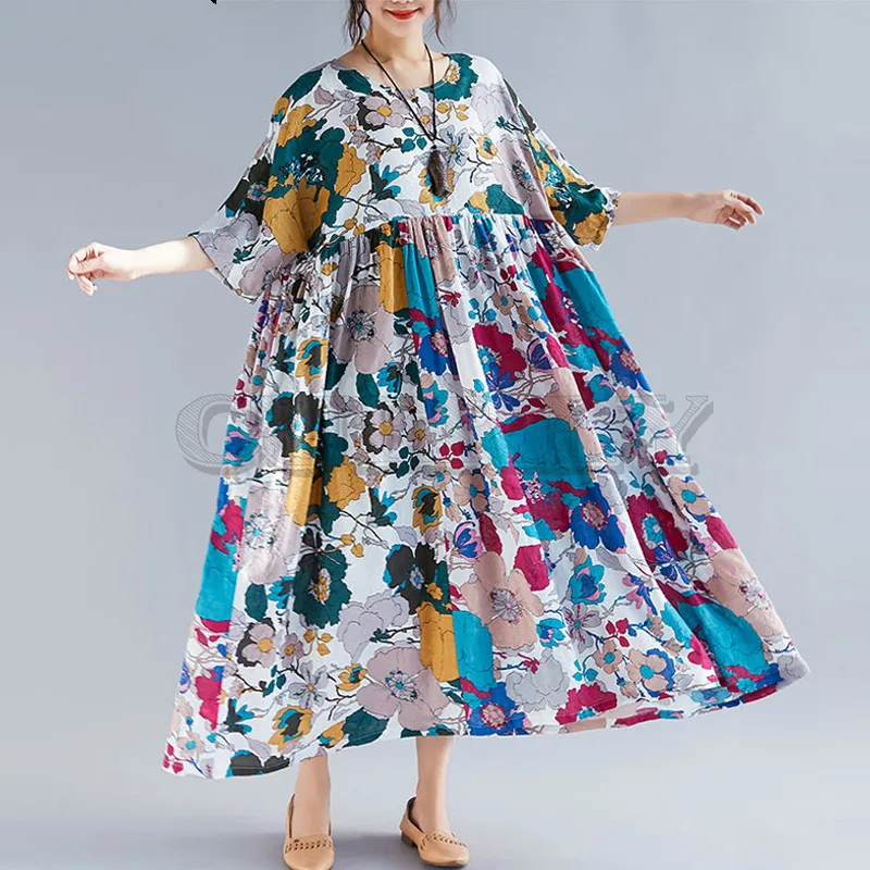 

CUERLY Plus Size Women Beach Dress Summer Sundress Linen Female CUERLY Elegant Lady Loose Print Floral Big Size 5XL 6XL 2019