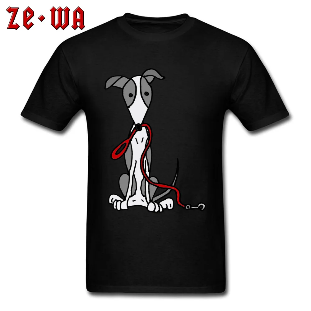 Europe T Shirt New Coming Short Sleeve Comics Cotton Fabric Crewneck Men Tops T Shirt Summer Clothing Shirt Summer Autumn Cool Funny Greyhound Dog with Red Leash black