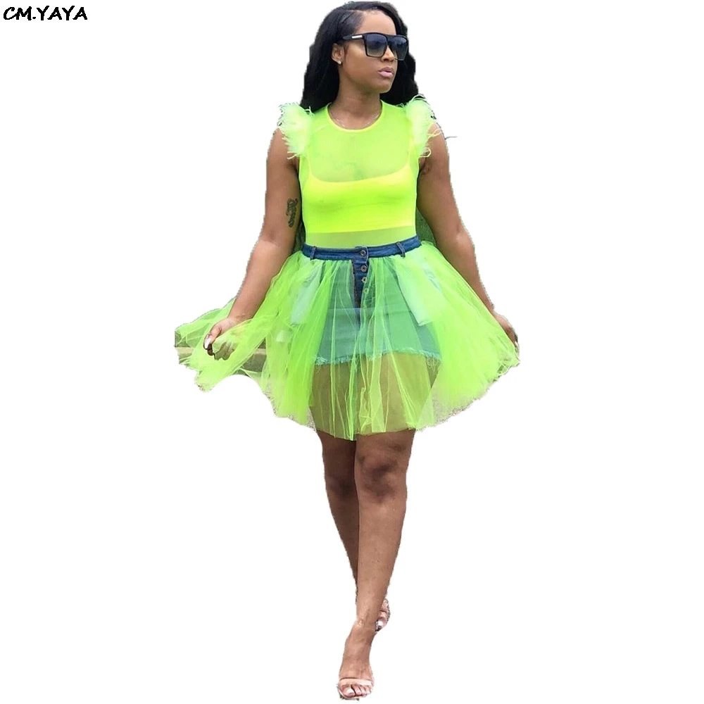 

2019 New women summer mesh split patchwork high wasit jean ball gown skirt above knee fashion denim skirts GLG5138