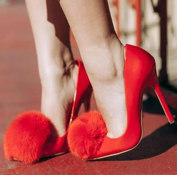 2018 New Fashion Black Suede Leather Women Pom Pom Pumps Pointy Toe Ladies Slip On High Heels Red Patent Leather Female Stiletto pom pom front zipper design stiletto heels
