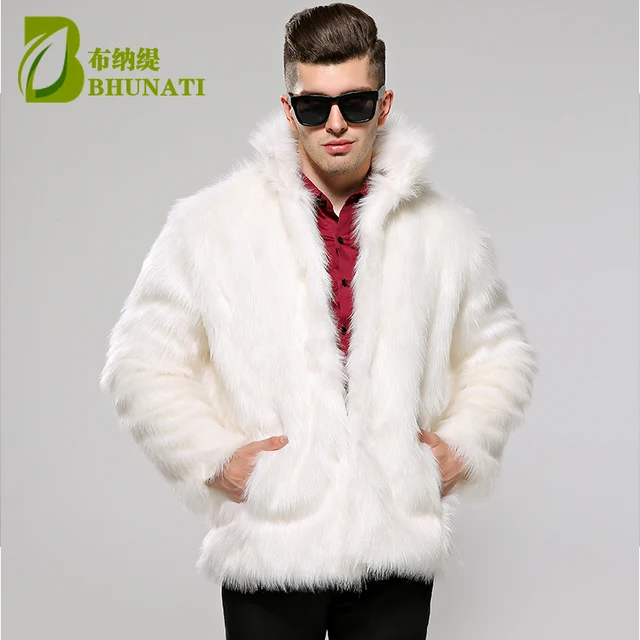 BHUNATI Mens Fur Coat White Stand Collar Long Sleeve ...