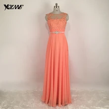Schöne Lange Peach Brautkleider Spitze Chiffon-Falten Reißverschluss V Zurück Bodenlangen Abendkleid Kleid