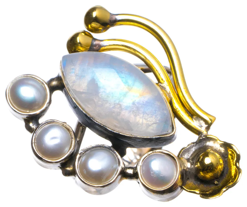 

Two Tones Rainbow Moonstone and River Pearl Handmade Unique 925 Sterling Silver Ring, US size 5.75 X2338
