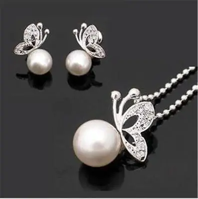 Hot sale Free Shipping&gt&gt White Cream Pearls Silver Butterflies Jewellery Set Earrings Studs Necklace | Украшения и аксессуары