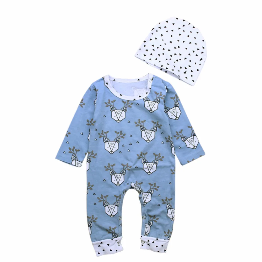 Autumn Clothes Newborn Infant Cotton Blue Deer Head Printed Long Sleeves Romper+Triangle Black Hat Casual Clothing |